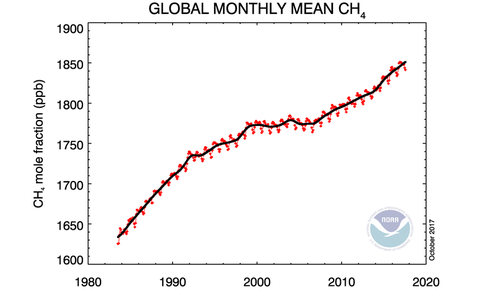 Figuur 2. De wisselende toename van de hoeveelheid methaan in de atmosfeer sinds 1984. (Bron: NOAA)