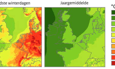 Figuur 2: Opwarming voor de koudste winterdagen (links) vergeleken met de jaargemiddelde opwarming (rechts) bij het scenario met grootste verandering voor 2050 ten opzichte van 1981-2010. Bron: KNMI’14 klimaatscenario’s.
