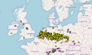 Figuur 2: Windschademeldingen (geel) op 18 januari 2018 in de European Severe Weather Database.