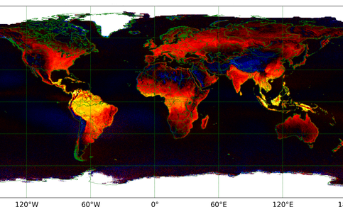 Fig. 2. Fluorescentie gezien vanuit de ruimte. Dit 2007-2016-gemiddelde is gemeten met de GOME-2 spectrometer, die elke dag de gehele aarde ziet. Tropische regenwouden, de ‘longen van de aarde’, zijn duidelijk zeer actief (geel). Bron: KNMI/ACSAF/EUMETSAT