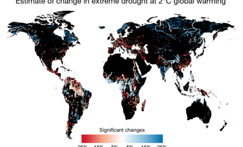 A map showing significant changes in river discharge between present-day and a 2°C-warming scenario