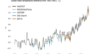 Grafiek van wereldgemiddelde temperatuur 1850-2018, ten opzichte van 1850-1900, voor vijf verschillende datasets. Bron: WMO.