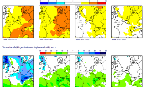 Kaarten van verwachte afwijkingen in de temperatuur en neerslaghoeveelheid voor de komende vier weken. Bron: KNMI (ECMWF). 