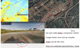 Google Earth zoom op NO2 hot spot uit figuur 1 (Andra, aan de Ob rivier). De hot spot ligt exact boven een gascompressor complex, net zoals bij alle andere hot spots uit figuur 1.