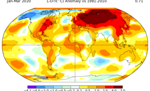 Temperatuurverschil tussen januari t/m maart 2020 en het gemiddelde van 1981–2010. Om tot de pre-industriële waarde te komen (waar het IPCC-rapport mee rekent), dient er 0,6 °C bij opgeteld te worden. Bron: NASA GISTEMP.