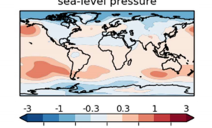Figuur 2. Verwachte drukafwijking op zeeniveau (hPa) in 2020-2024 t.o.v. 1981-2010. Bron: WMO GADCU.