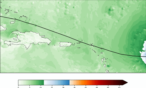 Het windveld (m/s) van orkaan Irma (september 2017) op haar pad langs de Caribische eilanden, zoals gesimuleerd met het hoge-resolutie model Harmonie/HCLIM. Oranje/rode kleuren geven snelheden boven orkaankracht aan. © KNMI.
