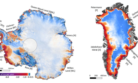 Regionale verschillen in afsmelting en aangroei op de ijskappen van Antarctica en Groenland tussen 1992 en 2017.