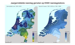 Gemiddelde neerslag in Nederland 1961-1990 en de toename tov 1961-1990