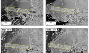 Satellietbeelden in 4 verschillende jaren waarop barsten in de ijsplaat van de Thwaites gletsjer zichtbaar zijn