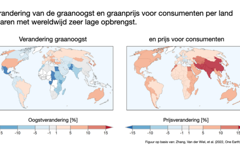 Wereldkaart met per land in kleur de invloed van twee graden opwarming op de graanoogst en op de graanprijs in de 5% jaren met de minste graanopbrengst.