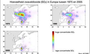 Drie kaartjes van Europa voor 1975, 1990 en 2005 met in kleur de hoeveelheid zwaveldioxide volgens modelberekeningen.
