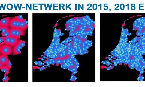 3 kaarten met de groei van het WOW-netwerk in Nederland in 2015, 2018 en 2021