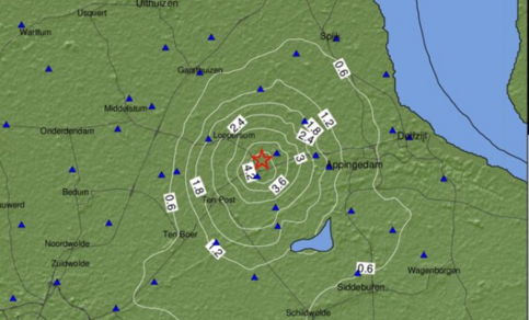 De shakemap geeft de effecten aan het aardoppervlak weer van de beving. 
