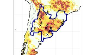 Kaart met in kleur de ernst van de droogte in Argentinië in oktober-november-december 20022