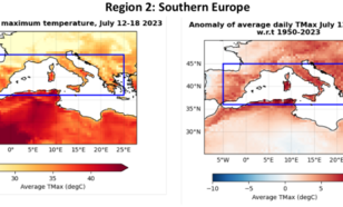 Figuur 2: Maximumtemperaturen in juli gemiddeld over de lengte van de hittegolven die voor deze studie zijn gedefinieerd (linkerzijde) en dezelfde maar dan uitgedrukt in anomalieën ten opzichte van 1950-2023 (rechterzijde).  Zuid-Europa 
