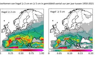 Kaart van Europa met in in kleur het gemiddeld aantal uur per jaar met hagelbuien met stenen groter dan 2 cm (links) of 5 cm (rechts) in de periode 1950-2021, berekend op basis van een relatie tussen waargenomen hagelstenen en weergegevens.