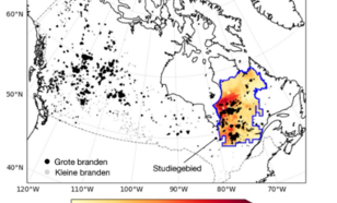 Figuur 2. Locatie van de bosbranden in Canada van januari tot en met juli 2023. In het studiegebied in het oosten van Canada is in kleur de som weergegeven van de Daily Severity Rate opgeteld van 1 januari tot en met 31 juli 2023. Bron: WWA