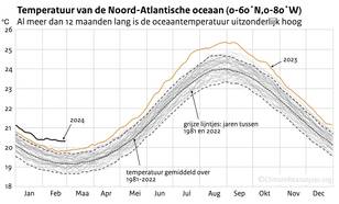 Lijngrafiek met op de x-as de maanden van het jaar en de y-as de temperatuur van de Noord-Atlantische oceaan vanaf 1 januari 1981 tot 28 februari 2024. 