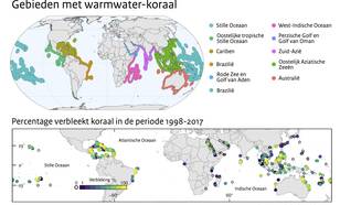 Kaart met locaties waar warmwater-koraal voorkomt en een tweede kaart met het percentage koraal dat in 1998-2017 is verbleekt.