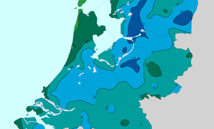 Kaart van Nederland met langjarig (1991-2020) gemiddelde neerslag in juni