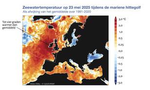Kaartje van het Europees-Noord-Atlantische gebied met in kleur de afwijking in temperatuur van het zeewateroppervlak ten opzichte van het gemiddelde over 1991-2020 op 23 mei 2025 tijdens de mariene hittegolf.