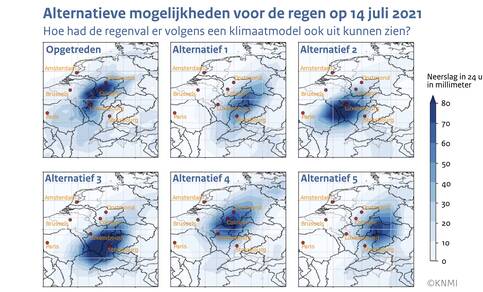 Neerslagkaart van 14 juli met daarnaast 5 alternatieve verhaallijnen