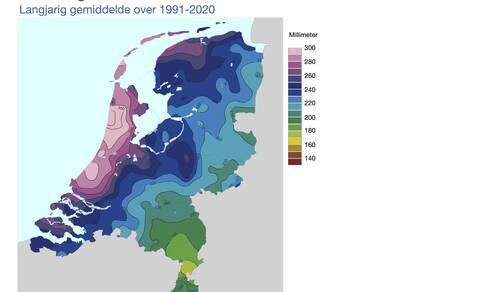 Kaart van Nederland met in kleur de gemiddelde hoeveelheid neerslag in de herfst in de periode 1991-2020