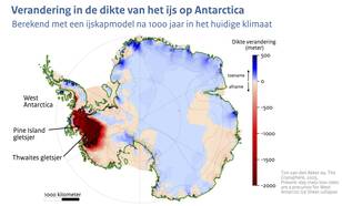 Kaart van Antarctica met in kleur de afname in dikte van het ijs na 1000 jaar onder de huidige klimatologische omstandigheden berekend met een computermodel van de Antarctische ijskap.