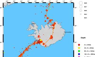 Kaart met de historische seismiciteit van IJsland en omgeving van 1964 tot heden. (Bron: EMSC)