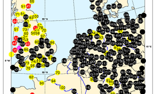 Neerslaghoeveelheden in West-Europa over augustus 2010 (Bron: KNMI)