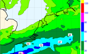 Het KNMI weermodel HIRLAM (vrijdag 12 november 06 uur voor komende 48 uur) berekent voor dit weekeinde veel regen voor in de zuidelijke helft en België (Bron: KNMI)