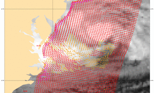 Satellietbeeld van MetOp-A met de windrichting en sterkte van orkaan Sandy. (Bron: KNMI)