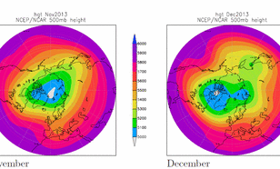 Deze afbeelding toont de verschuiving van de polaire vortex naar het oosten van Noord Canada verschoven, waardoor koude poollucht naar de oostkust van de Verenigde Staten kon stromen (Bron: NECP/NCAR)