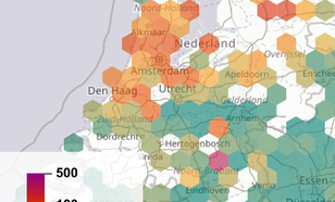 Kaart van Nederland met in verschillende kleuren de hoeveelheden fijnstof.