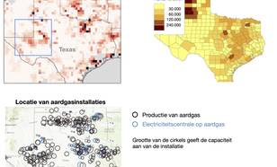 Methaan emissies in 2019 in Texas afgeleid uit Tropomi metingen en ter vergelijk als bronnen van emissies de grootte van de veestapel en locatie van gas installaties.