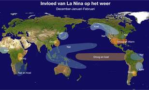 Het weer tijdens een La nina, weergegeven op een kaart waar het droger of natter, warmer of kouder is dan normaal