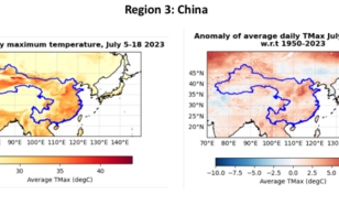 Figuur 3: Maximumtemperaturen in juli gemiddeld over de lengte van de hittegolven die voor deze studie zijn gedefinieerd (linkerzijde) en dezelfde maar dan uitgedrukt in anomalieën ten opzichte van 1950-2023 (rechterzijde).  China 