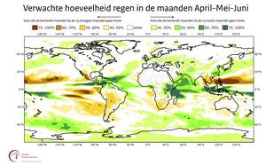 Kaart met wereldwijd de kans op meer of minder regen dan normaal in de maanden april-mei-juni  in kleuren weergegevn. 