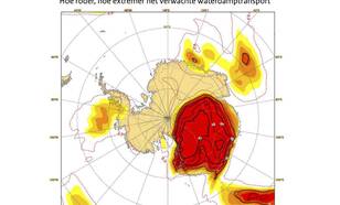 Kaart van Antarctica met in rode kleuren de verwachte extreme waterdamptransport door het ECMWF op 18 maart 2022