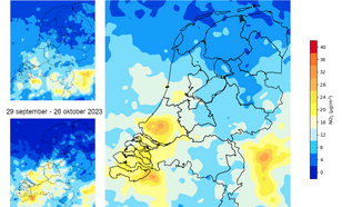 kaarten van nederland met gemiddelde NO2 oppervlakte concentraties herleid uit Tropomi-metingen, tijdens de GLOBE voorjaarscampagne 2024 (rechts) in vergelijking met de voorgaande GLOBE campagnes in 2023 (links). 