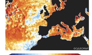 Kaart met in kleur de temperatuur van het zeewater rondom Europa op 29 oktober 2024