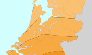 Kaart van Nederland met in kleur de gemiddelde zomertemperatuur in de periode 1991-2020