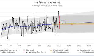 Lijngrafiek met de gemiddelde hoeveelheid neerslag in de herfst in Nederland van 1906 tot nu plus de verwachte gemiddelde hoeveelheid neerslag in 2050 en 2100 volgens de KNMI'23- klimaatscenario's.