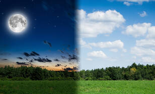Fotocompositie met links een landschap in het maanlicht en rechts in het zonlicht
