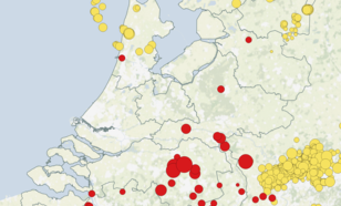 kaart met aantal aardbevingen in nederland van 1911 tot en met 2020