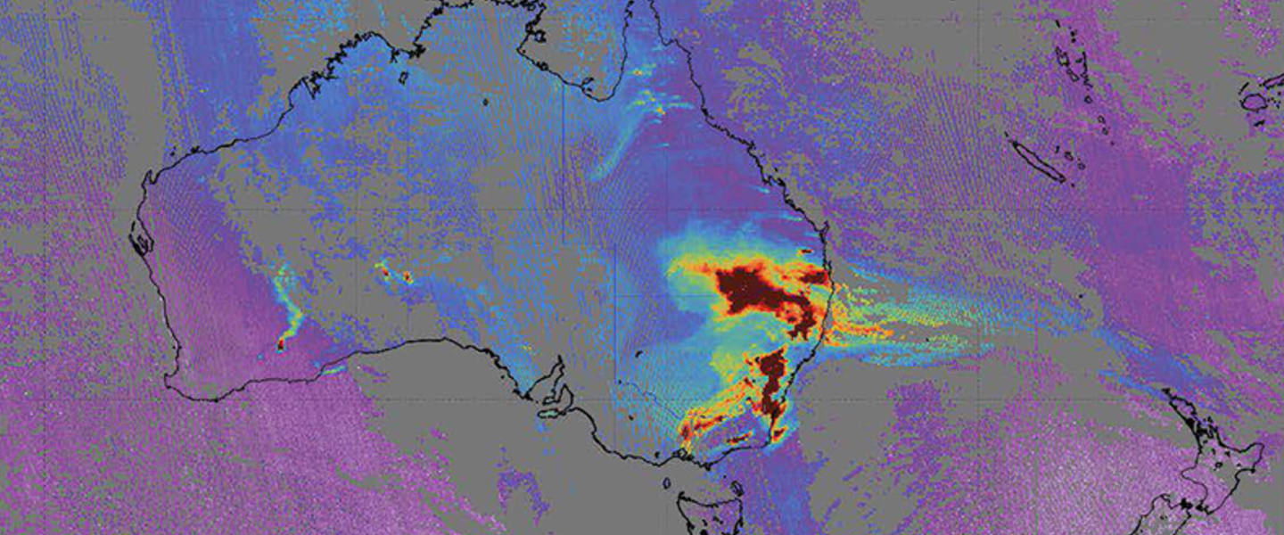 kaart van bosbranden in australie met satellietdata van tropomi