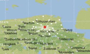 kaart met locatie van de eerste beving bij zeerijp in groningen