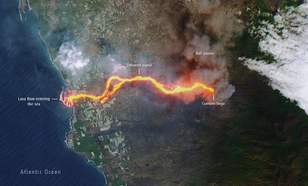 Satellietbeeld van vulkaanuitbarsting op La Palma met de Europese Sentinel 2 satelliet van 30 september 2021