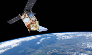 Illustratie van satellietinstrument Tropomi in de ruimte
